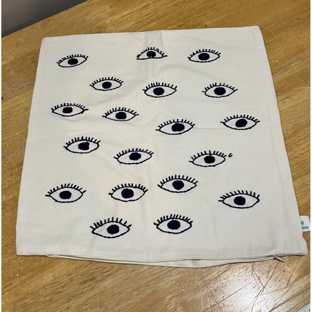 Urban Outfitters Embroidered Eye‎ Throw Pillow Cover Blue Cream 18x18"